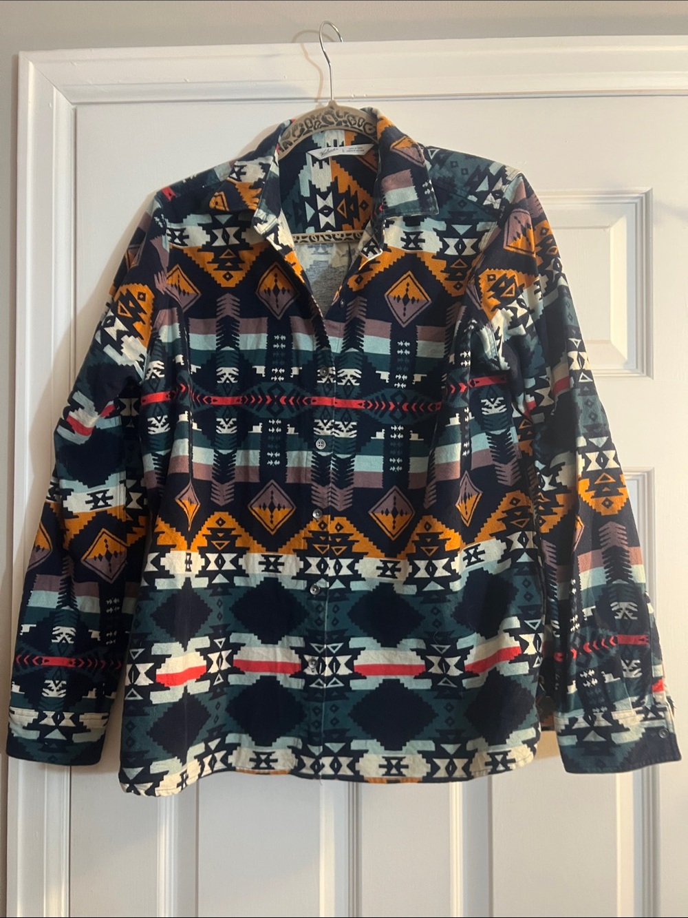 Woolrich Aztec Print Button-Down Shirt Jacket in Navy, Mustard, Teal